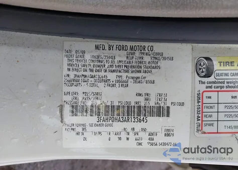 2010 Ford Fusion Se z USA, uszkodzony, nr VIN 3FAHP0HA3AR133645